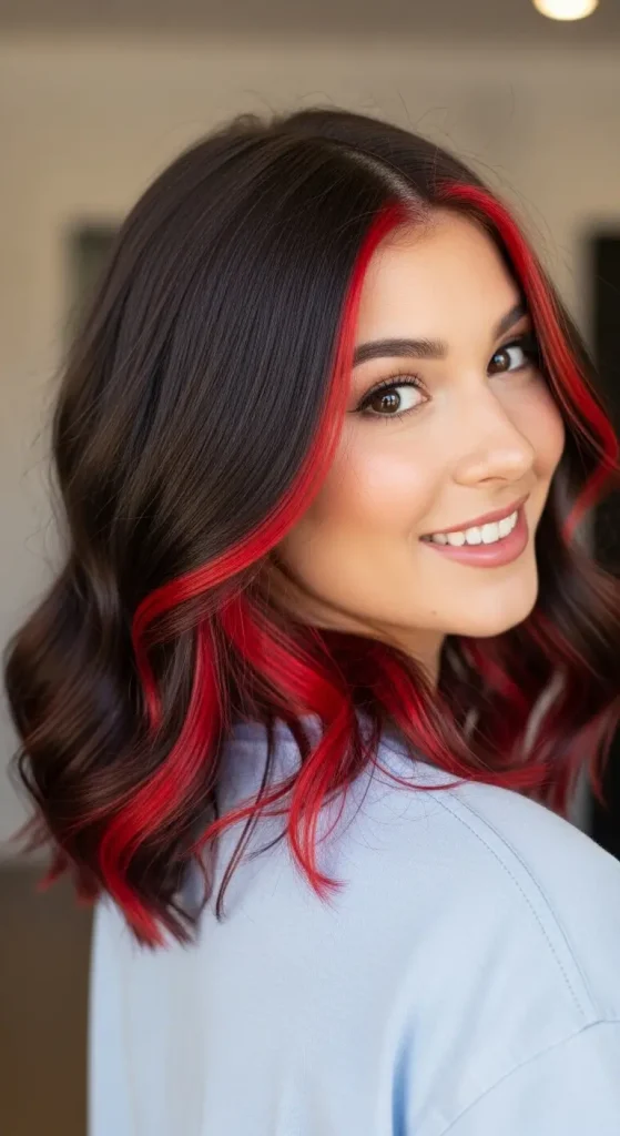 Peekaboo Red Highlights on Dark Brown Hair