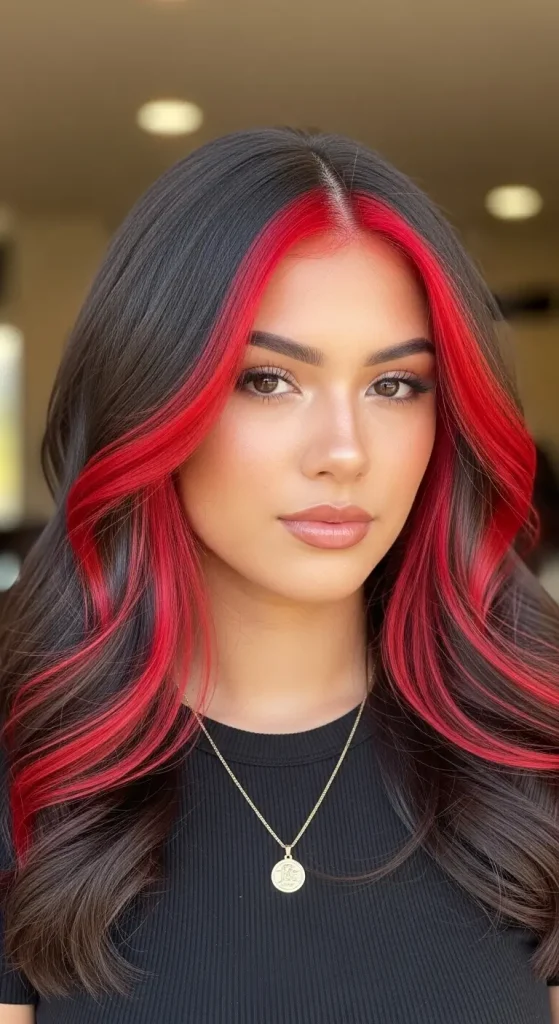  Red Money Piece Highlights on Dark Brown Hair