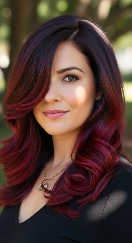 Red Violet Highlights on Dark Brown Hair