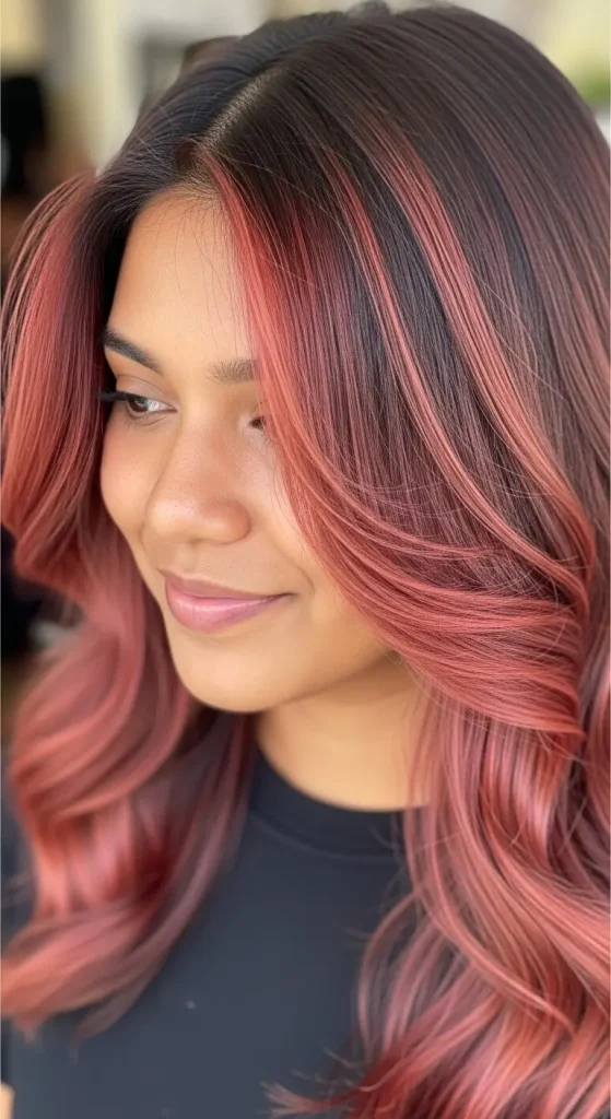  Rose Red Highlights on Dark Brown Hair