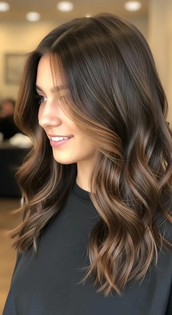 Soft Caramel Streaks on Chocolate Brown Hair