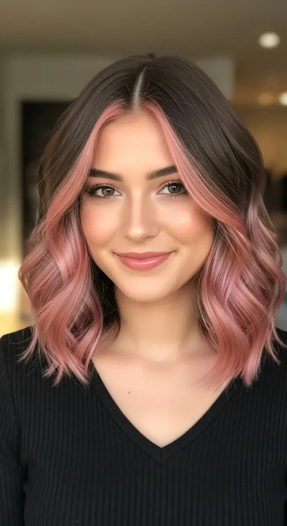  Soft Rose Gold Money Piece on Chocolate Brown Hair