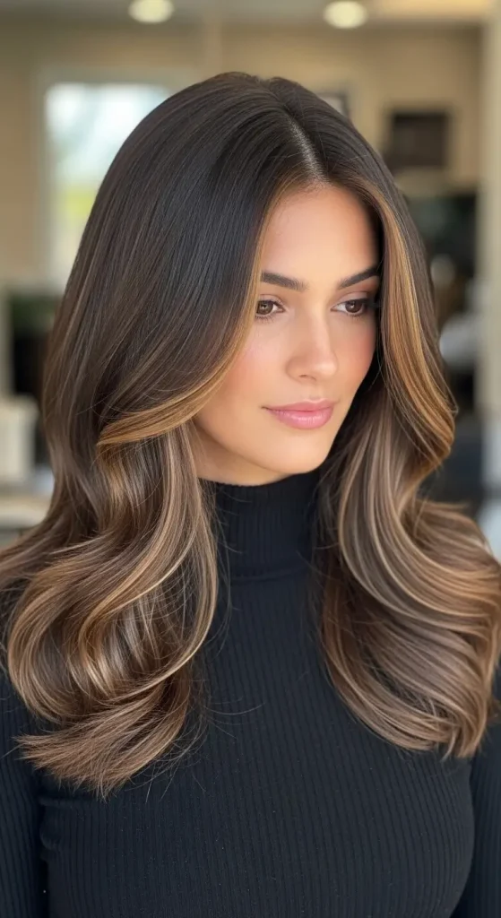 Subtle Caramel Highlights on Dark Brown Hair