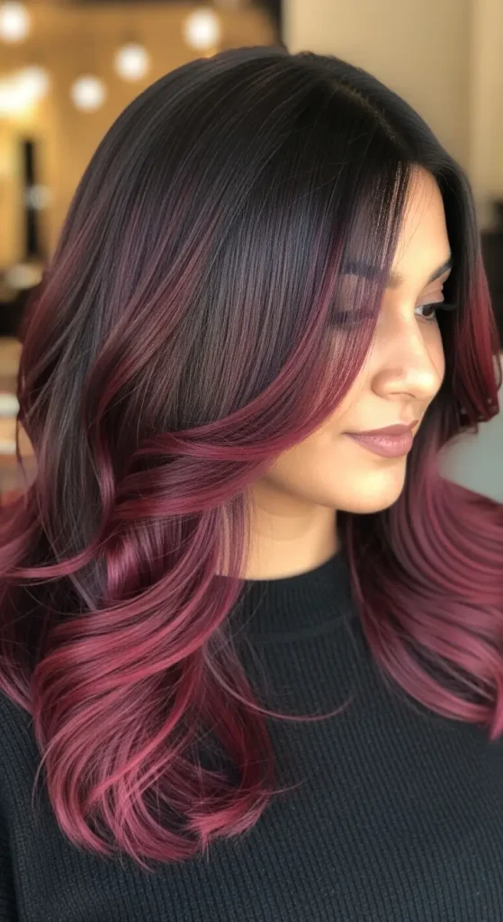 Wine Red Balayage on Dark Brown Hair