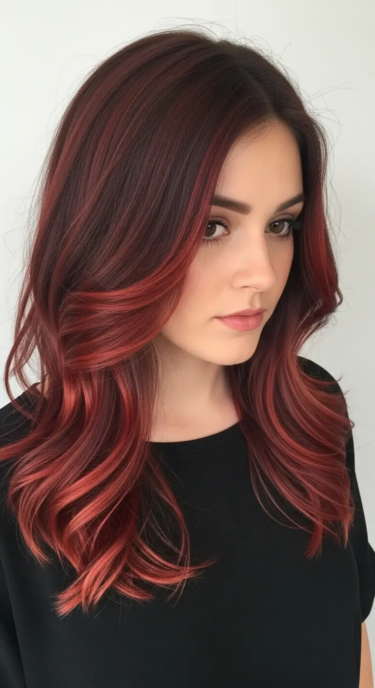 chocolate brown hair with red highlights