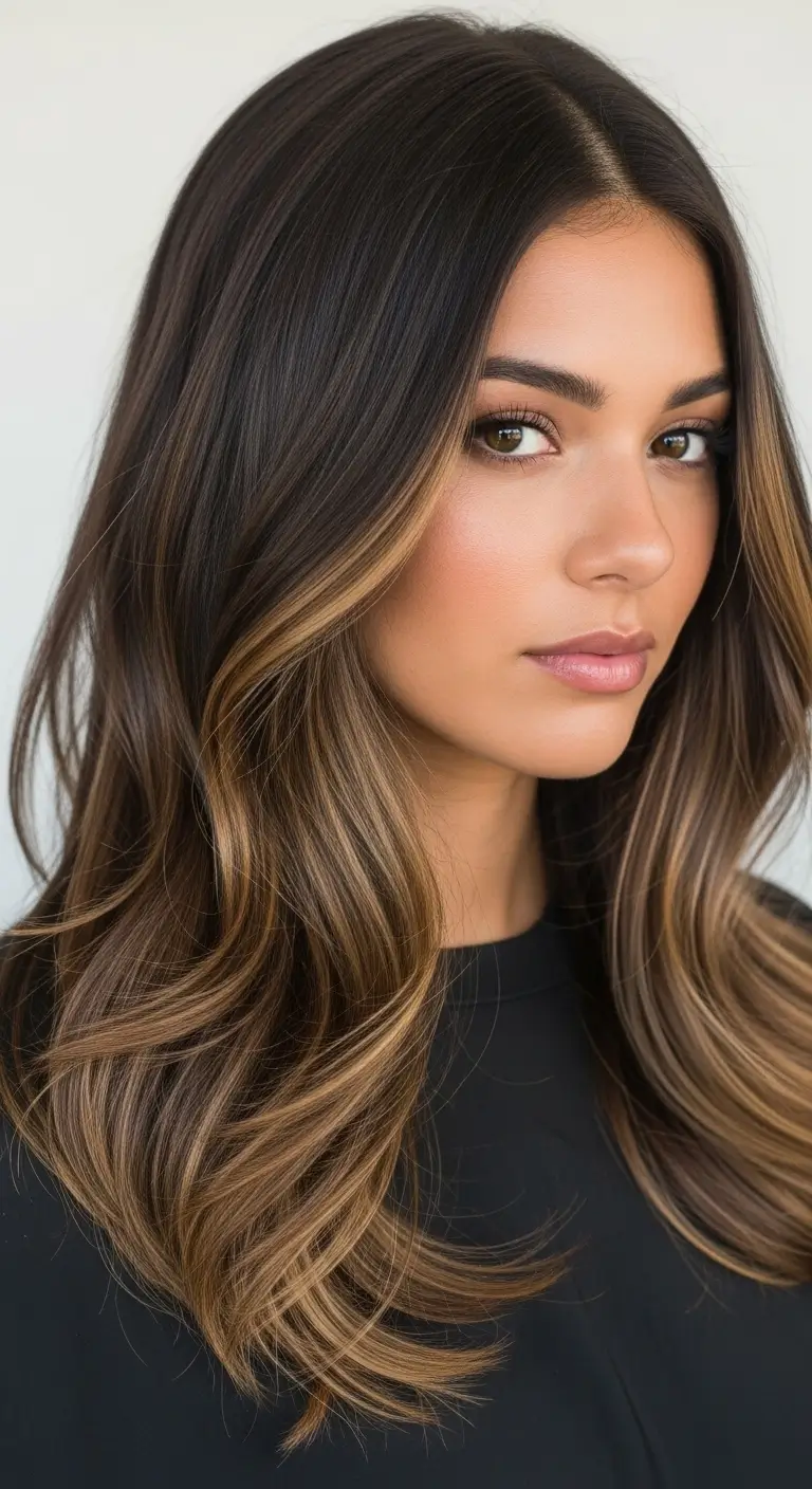 dark brown hair with caramel highlights