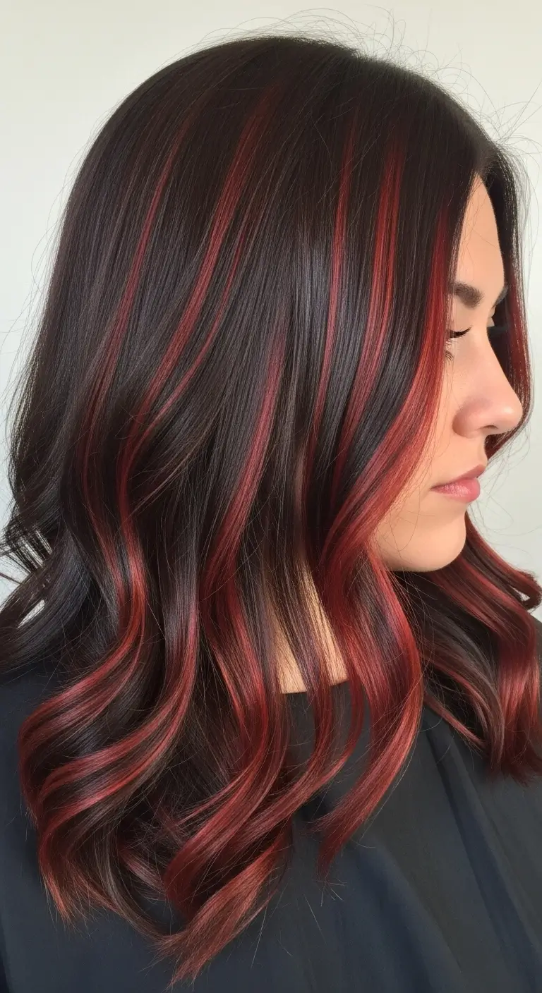 dark brown hair with red highlights