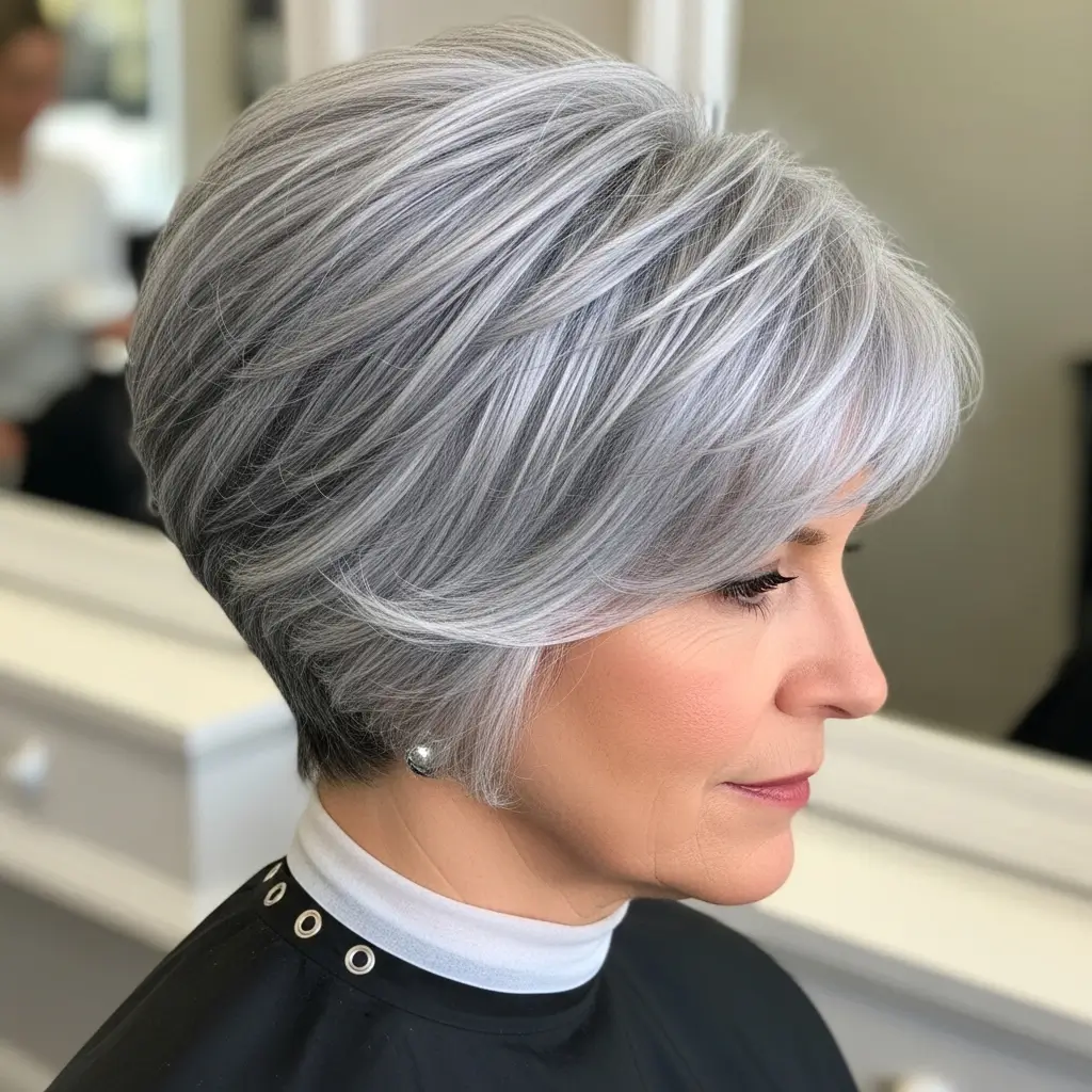 11. Gray Stacked Bob Maximum Volume for Fine Gray Hair