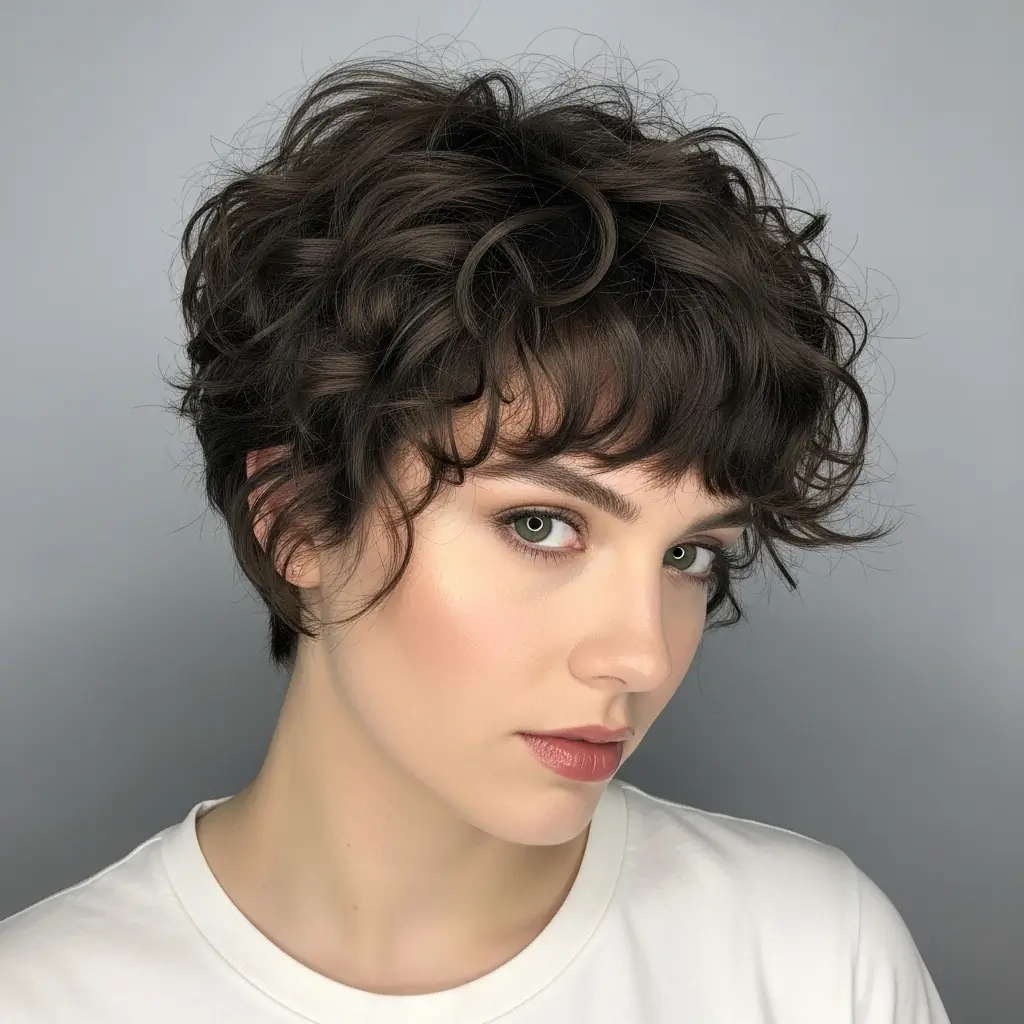 15. Curly Pixie With Side Swept Bangs Feminine, Flirty and Flattering