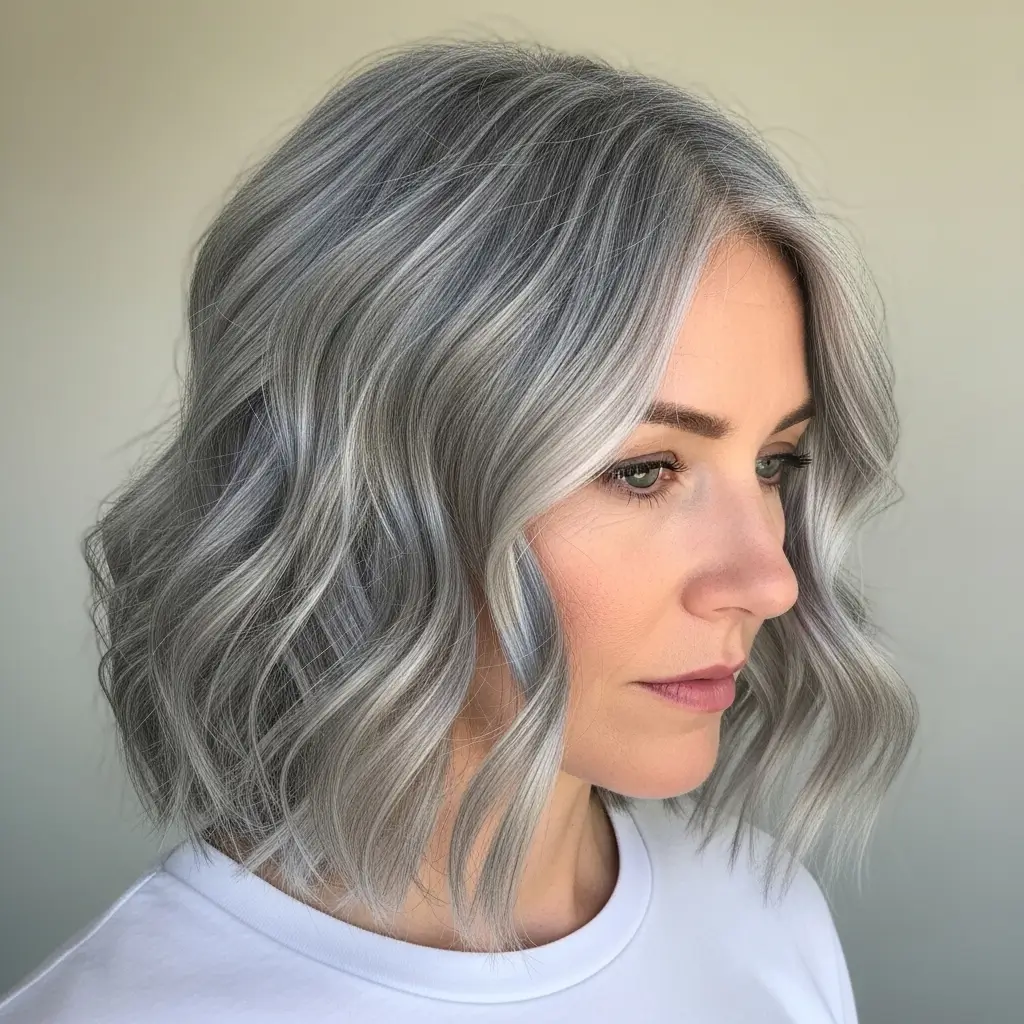 15. Wavy Gray Lob Effortlessly Elegant and Beautifully Relaxed
