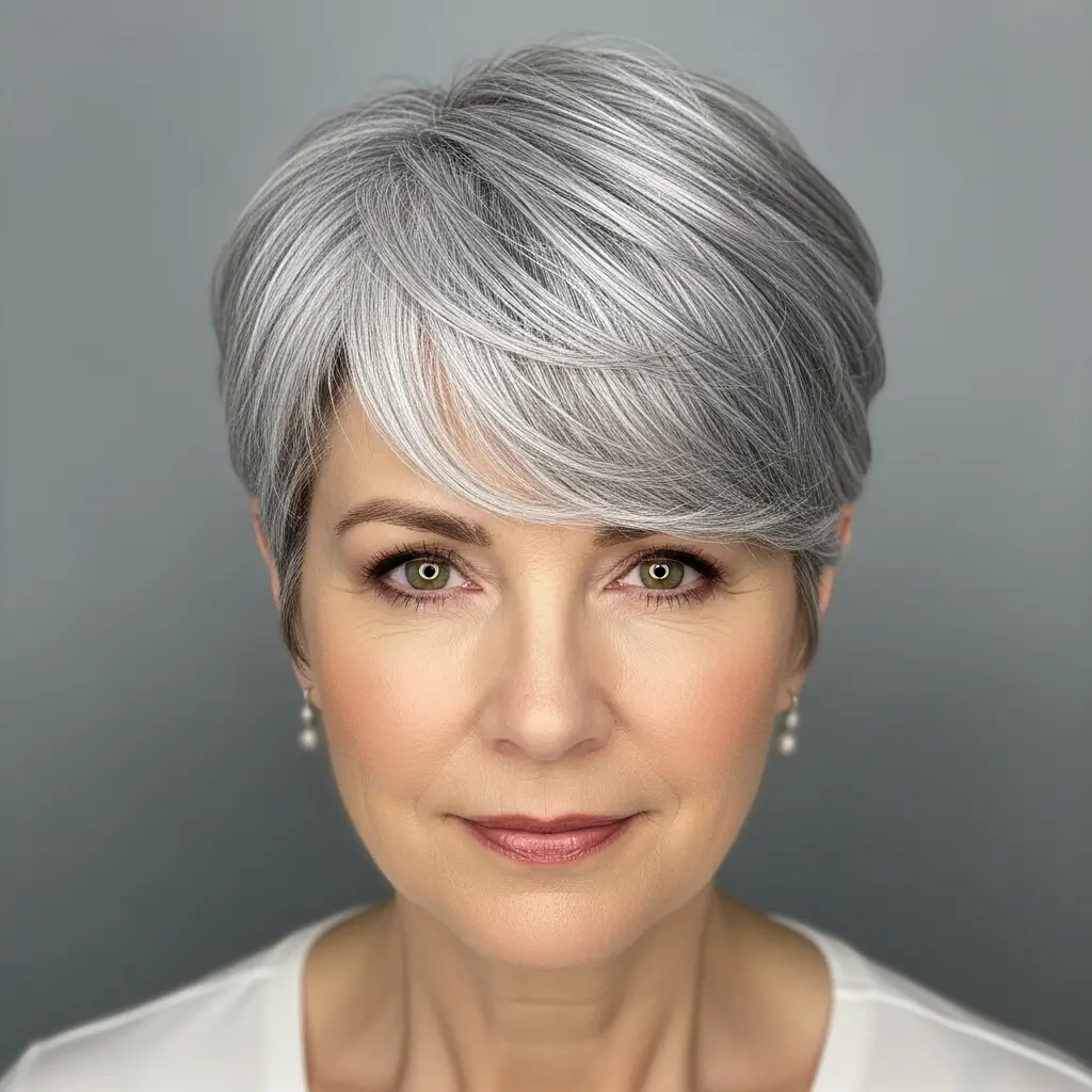 16. Gray Pixie With Side Swept Bangs Soft, Flattering, and Timeless