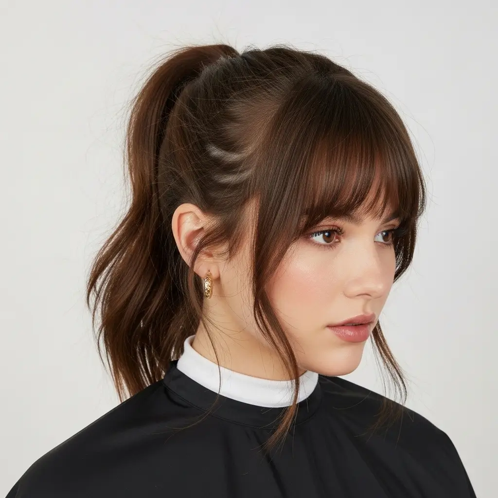 17. Curtain Bangs With Ponytail Casual Cool With an Effortlessly Stylish Twist