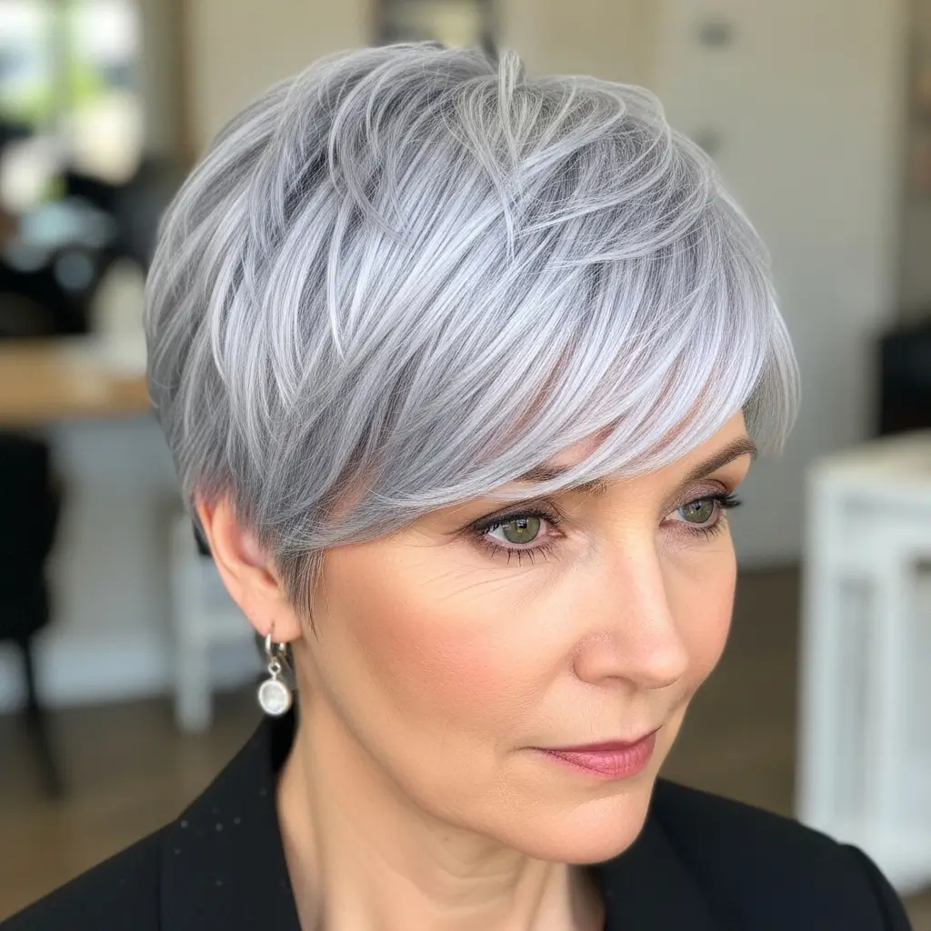 3. The Silver Pixie with Side Swept Bangs