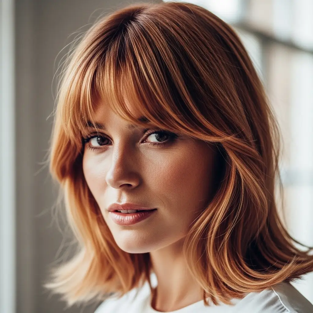9. Strawberry Blonde Curtain Bangs