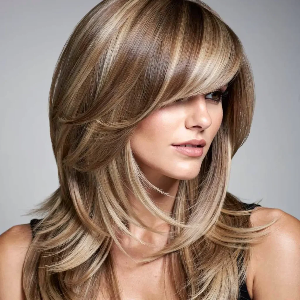 6. Long Layers with Side Swept Bangs