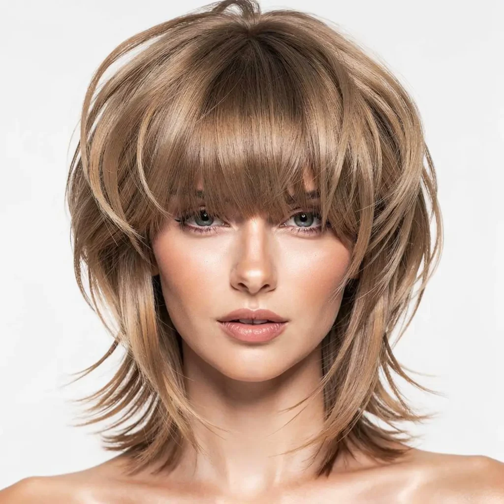 14. Soft Layered Shag with Bottleneck Bangs