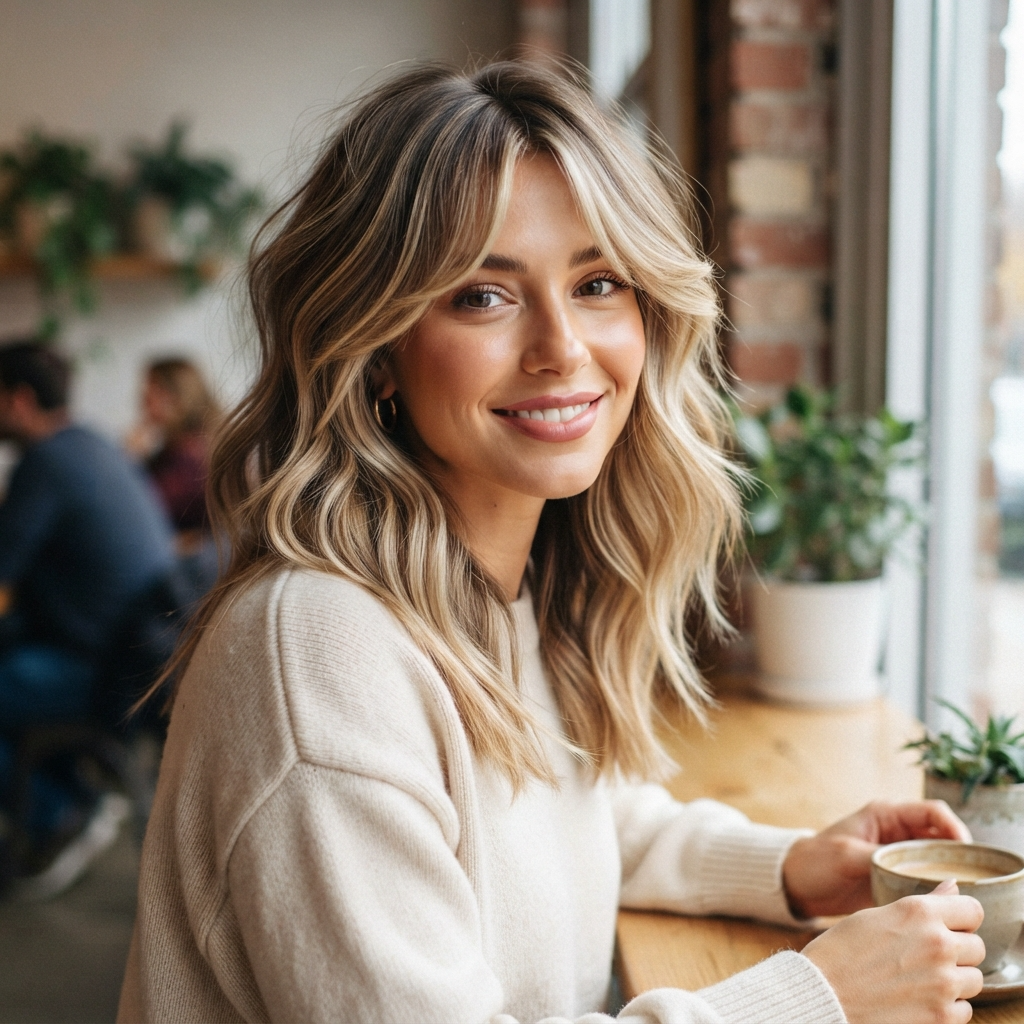 Blonde Highlights with Curtain Bangs