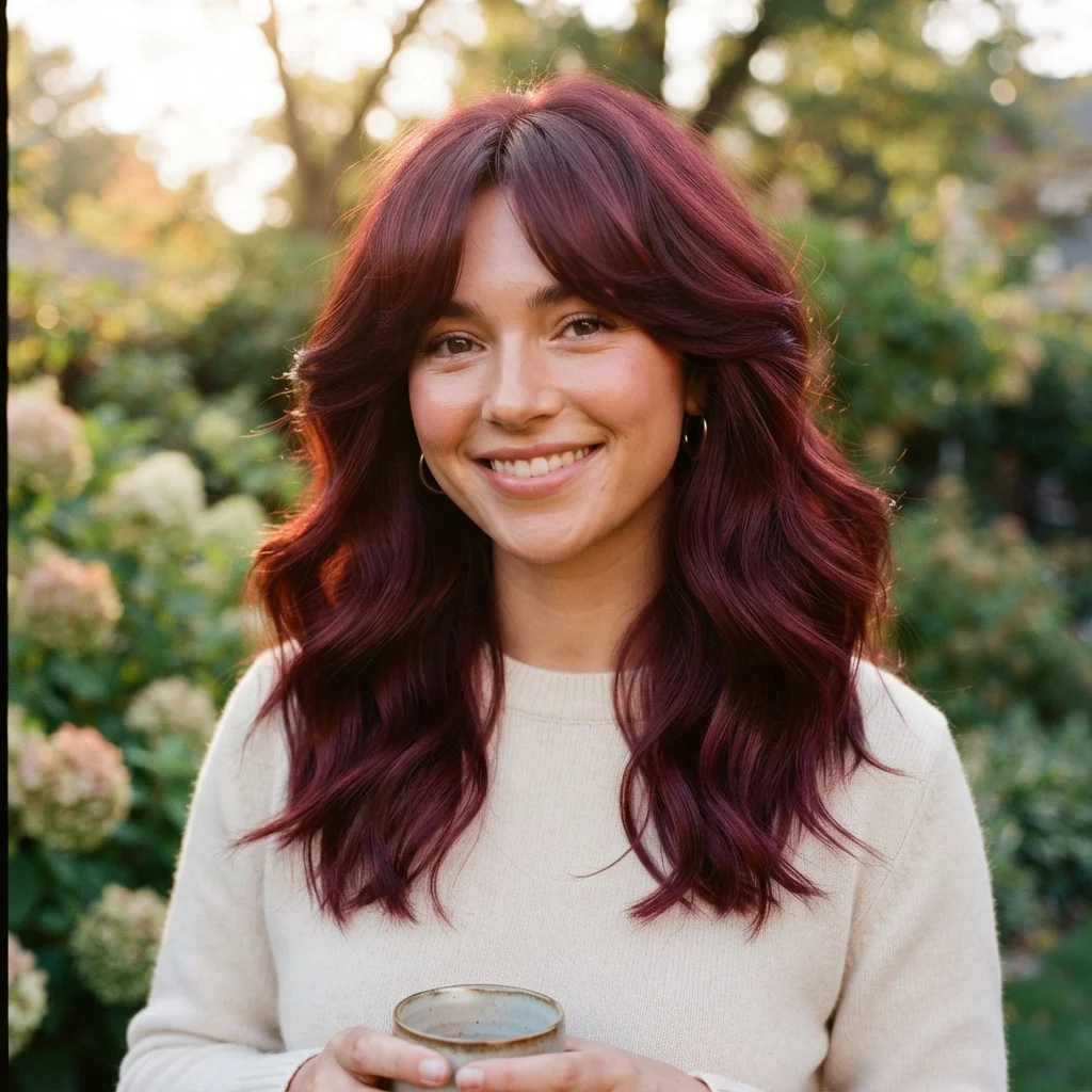 Burgundy Hair with Curtain Bangs