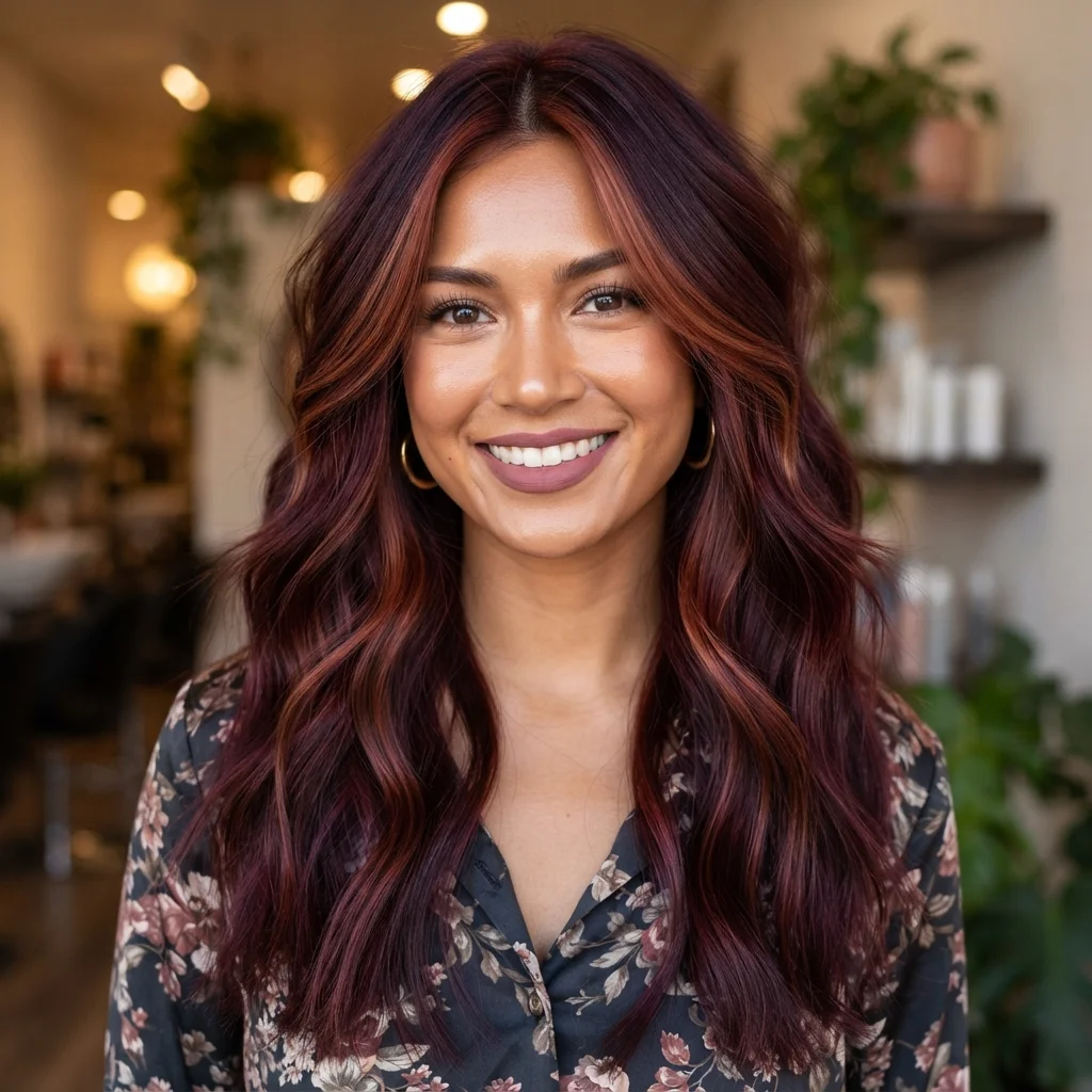 Burgundy Hair with Face-Framing Highlights
