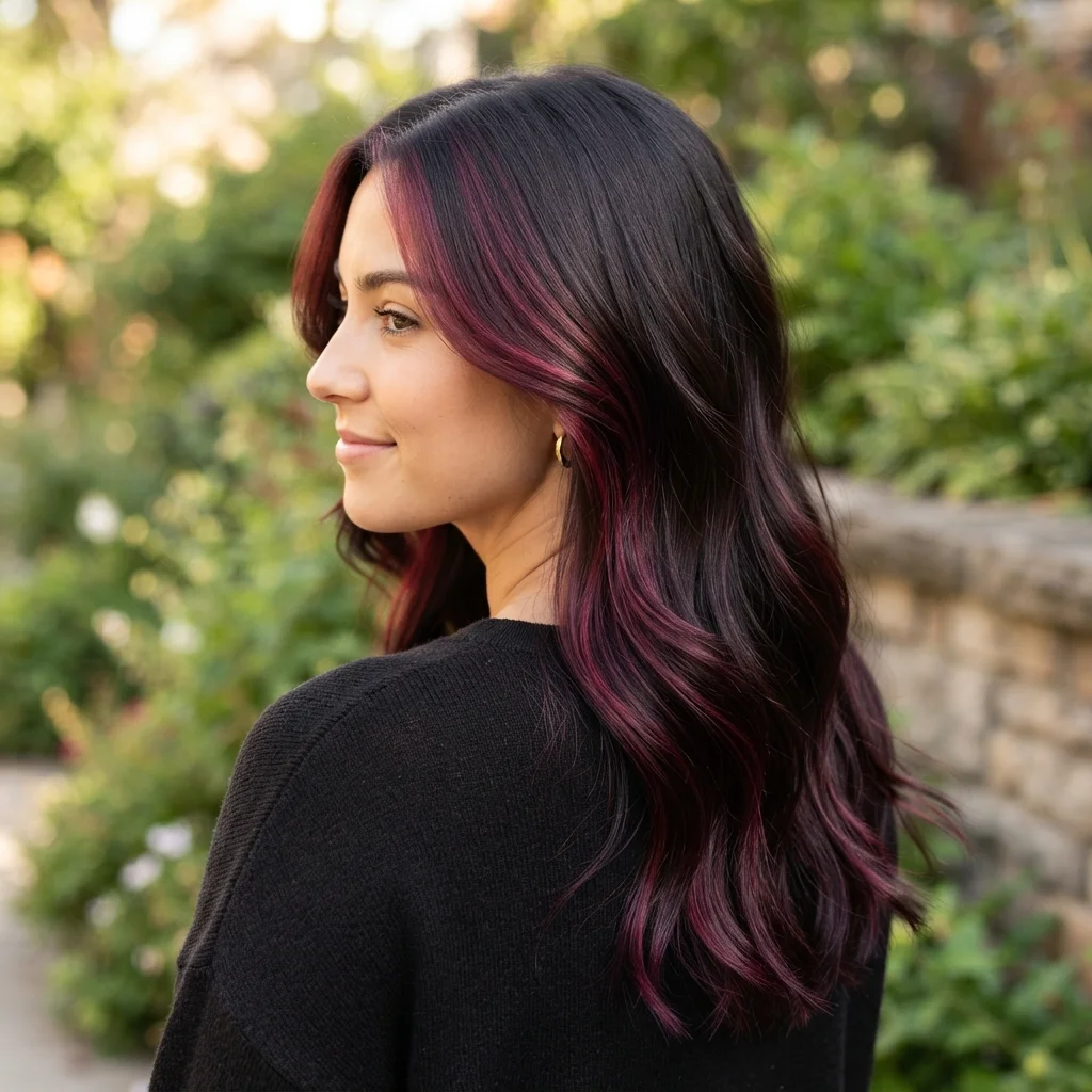Burgundy Highlights on Dark Hair