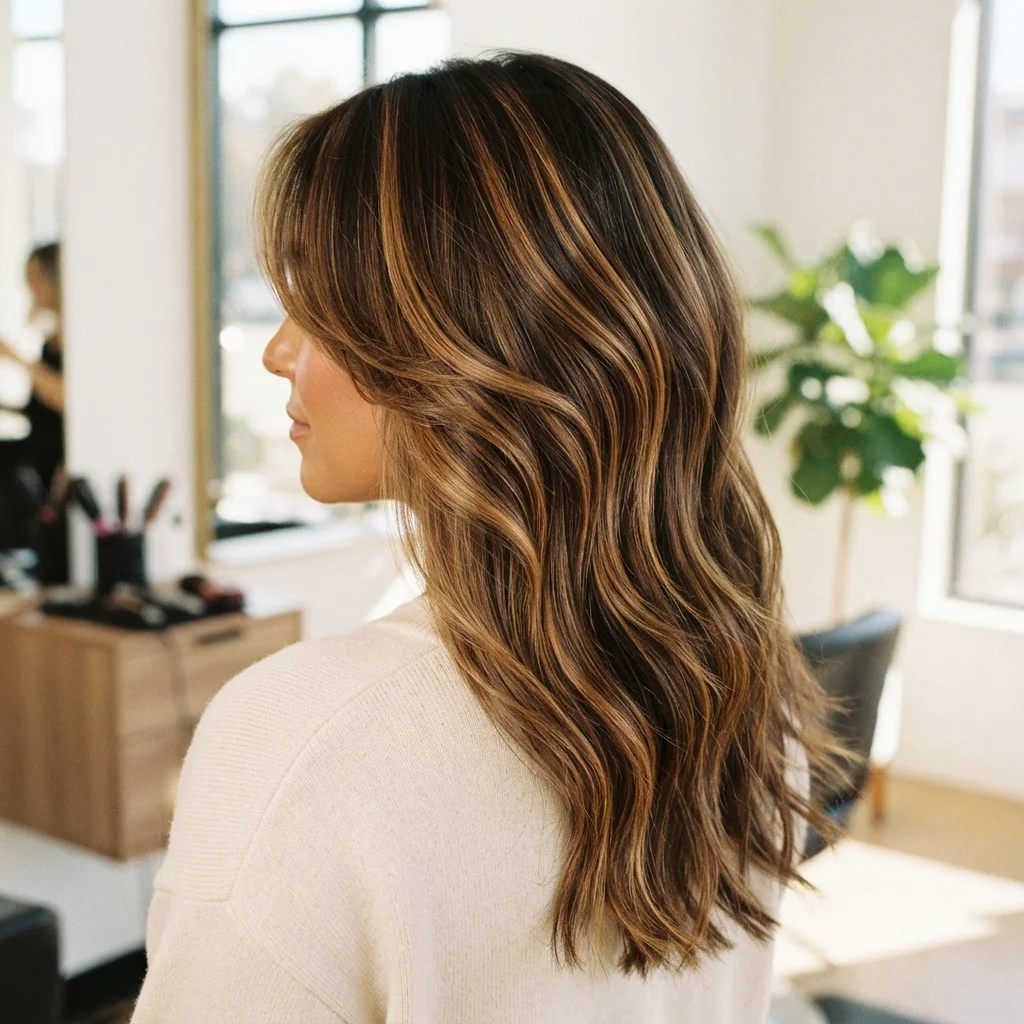 Caramel Highlights on Layered Brown Hair