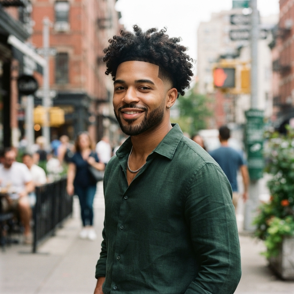 Fade Haircut with Curly Top
