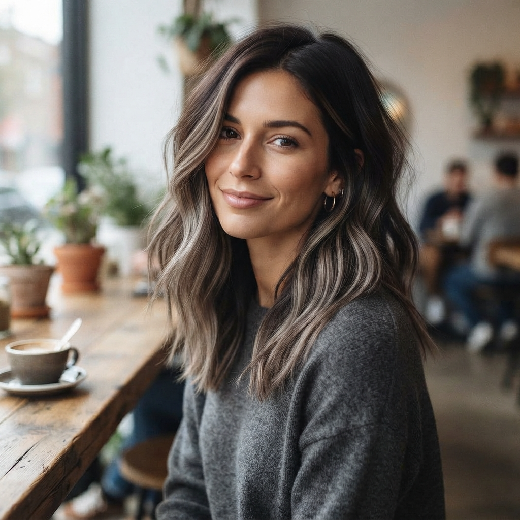 Smoky Blonde Highlights on Espresso Brown Hair