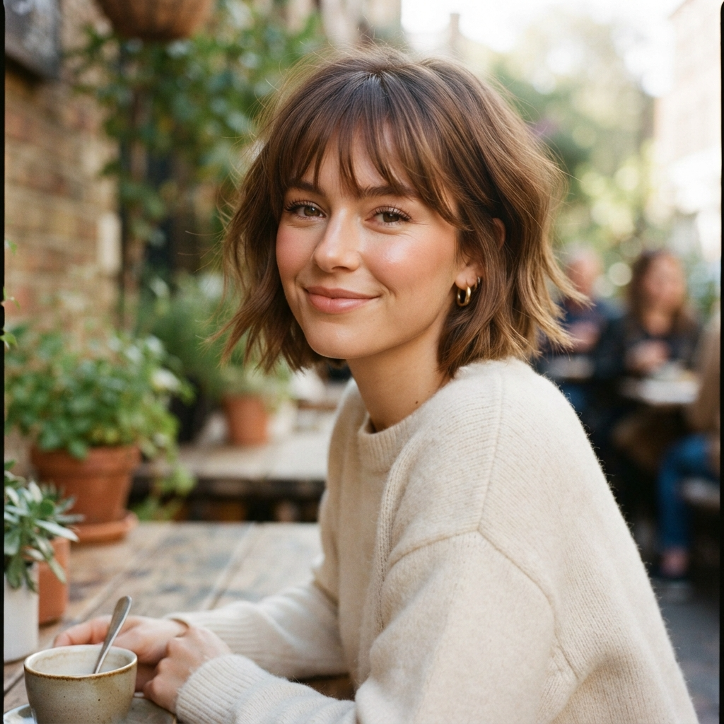Brown Short Haircut with Wispy Bangs