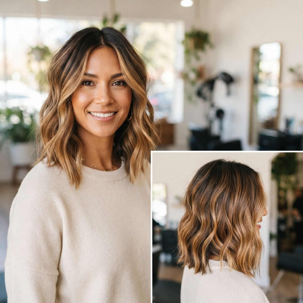 Caramel Blonde Balayage on a Short Lob