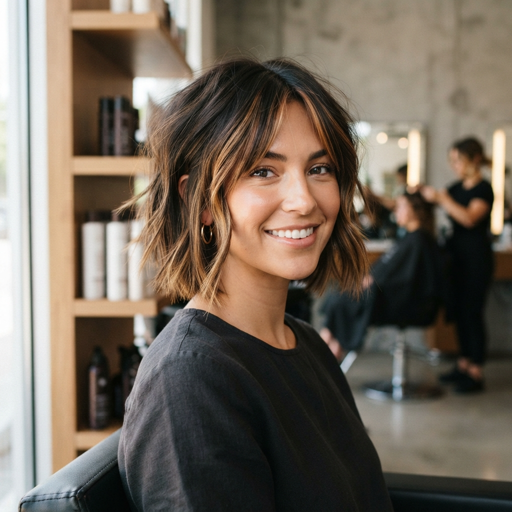 Espresso and Caramel Balayage Short Hair