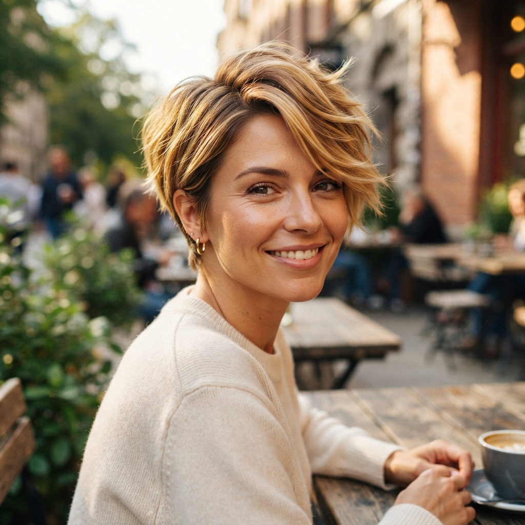 Golden Blonde Balayage on a Short Pixie
