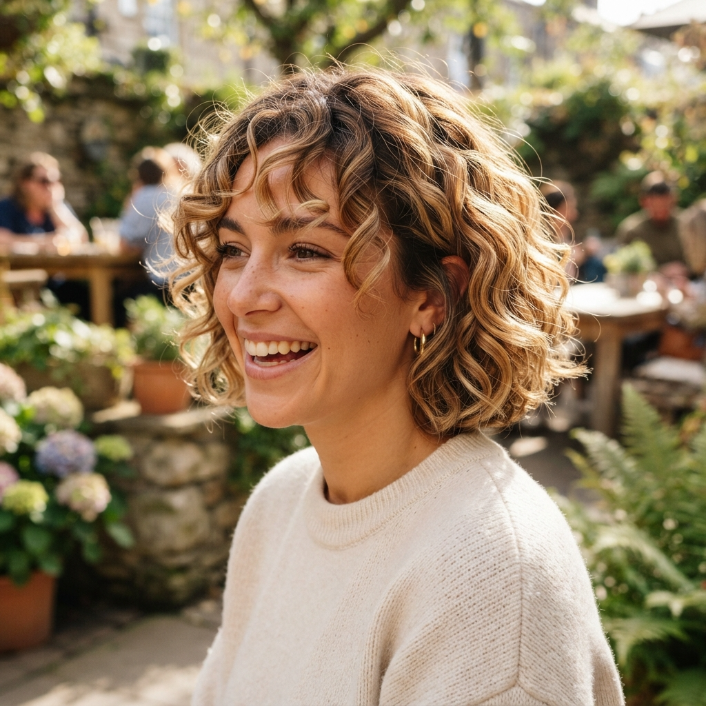 Honey Blonde Balayage on Short Curly Hair