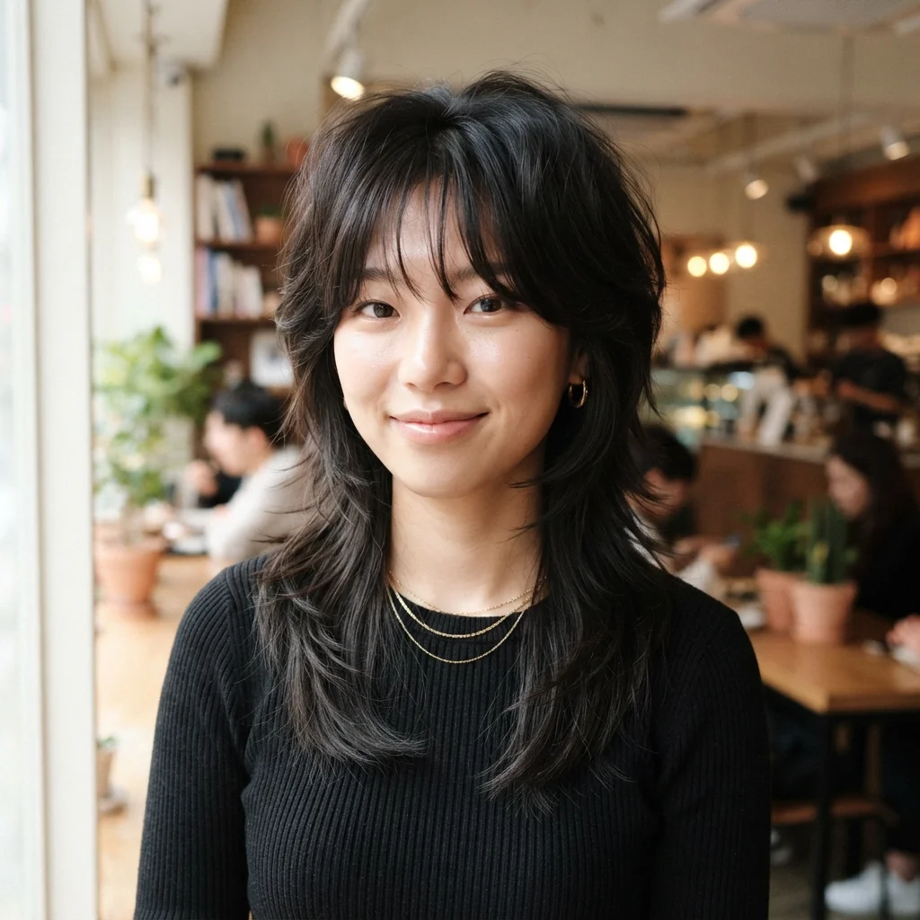 Korean Wolf Cut with Face-Framing Bangs