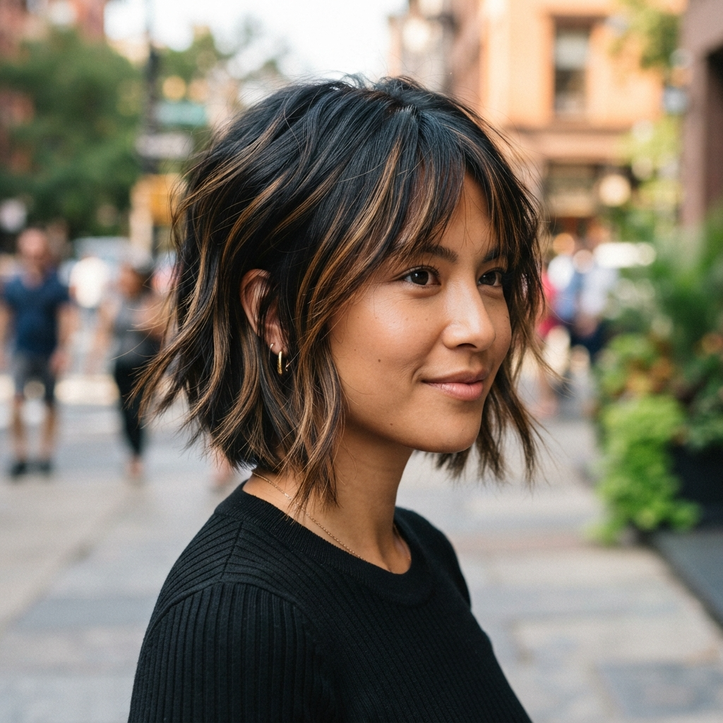 Short Black Hair with Caramel Highlights