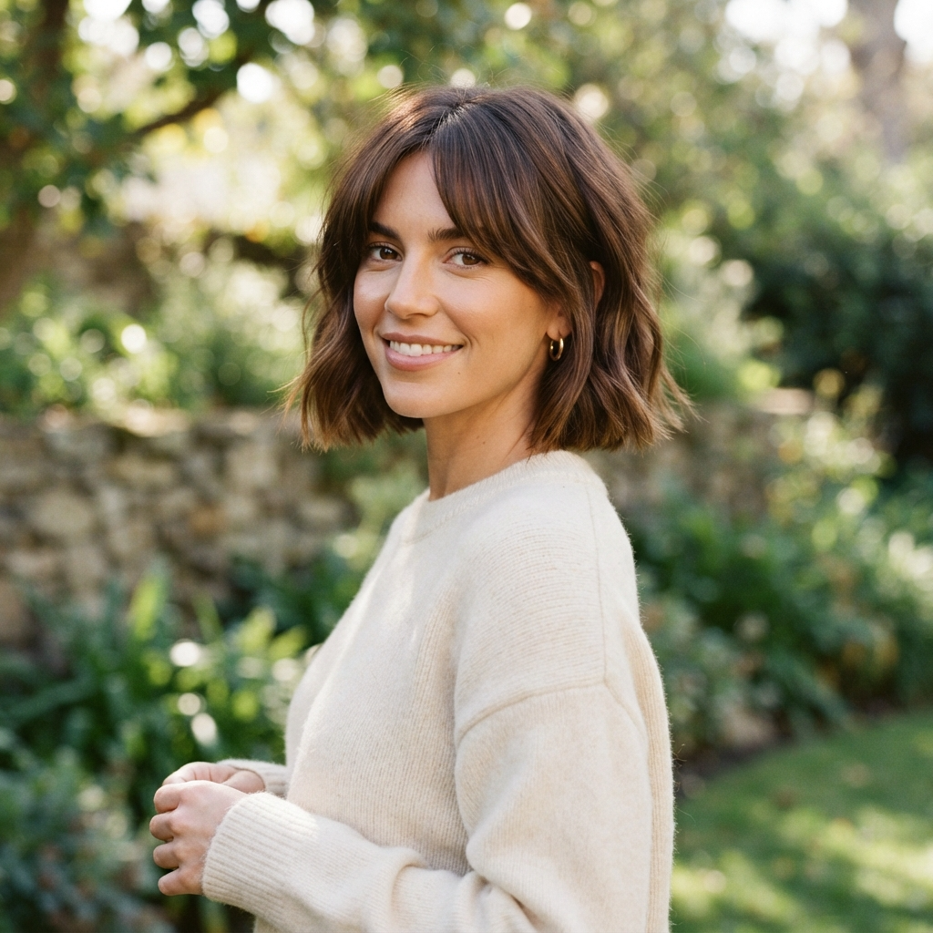 Short Brown Bob with Curtain Bangs