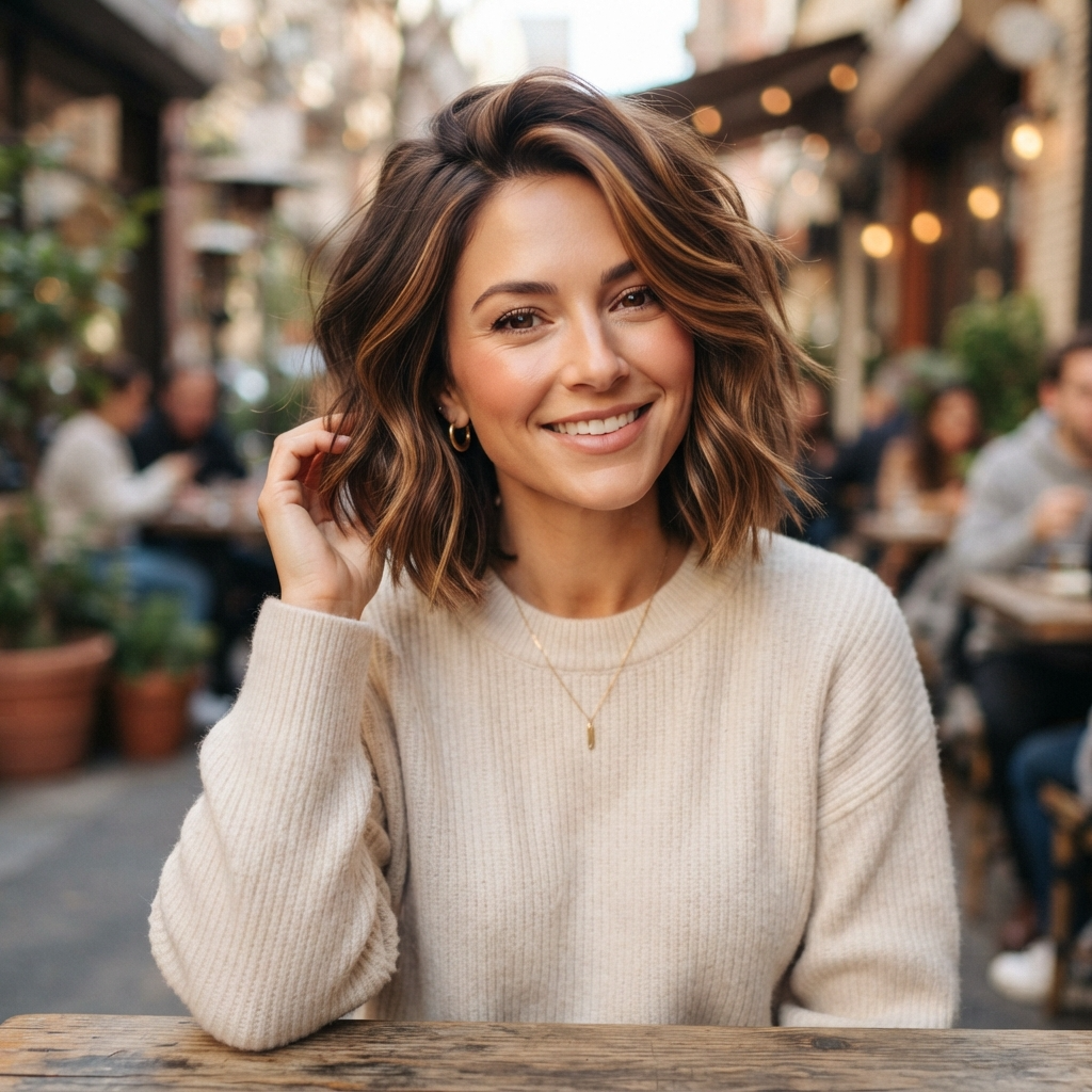 Short Brown Hair with Caramel Highlights