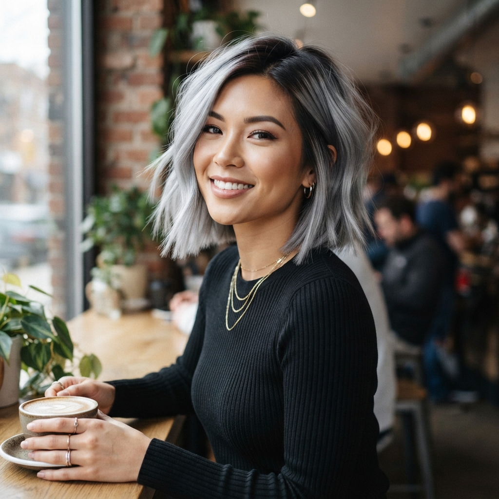 Silver Gray Bob with Dark Roots