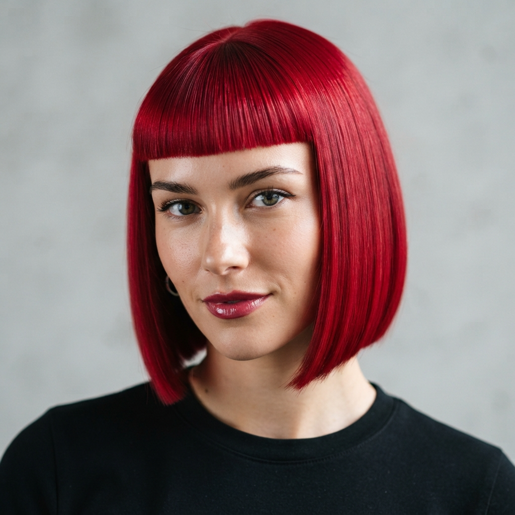 6. Cherry Red with Blunt Bangs