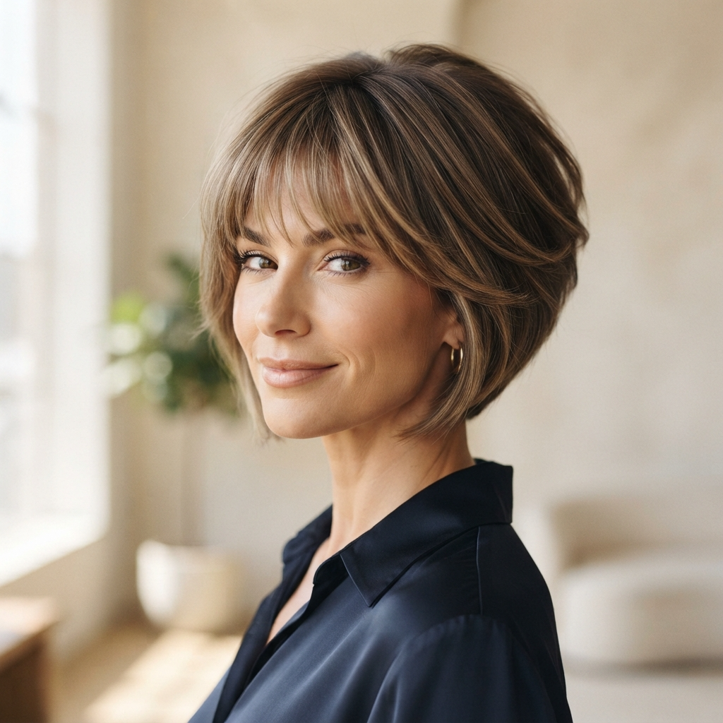 8. Stacked Bob with Feathered Bangs