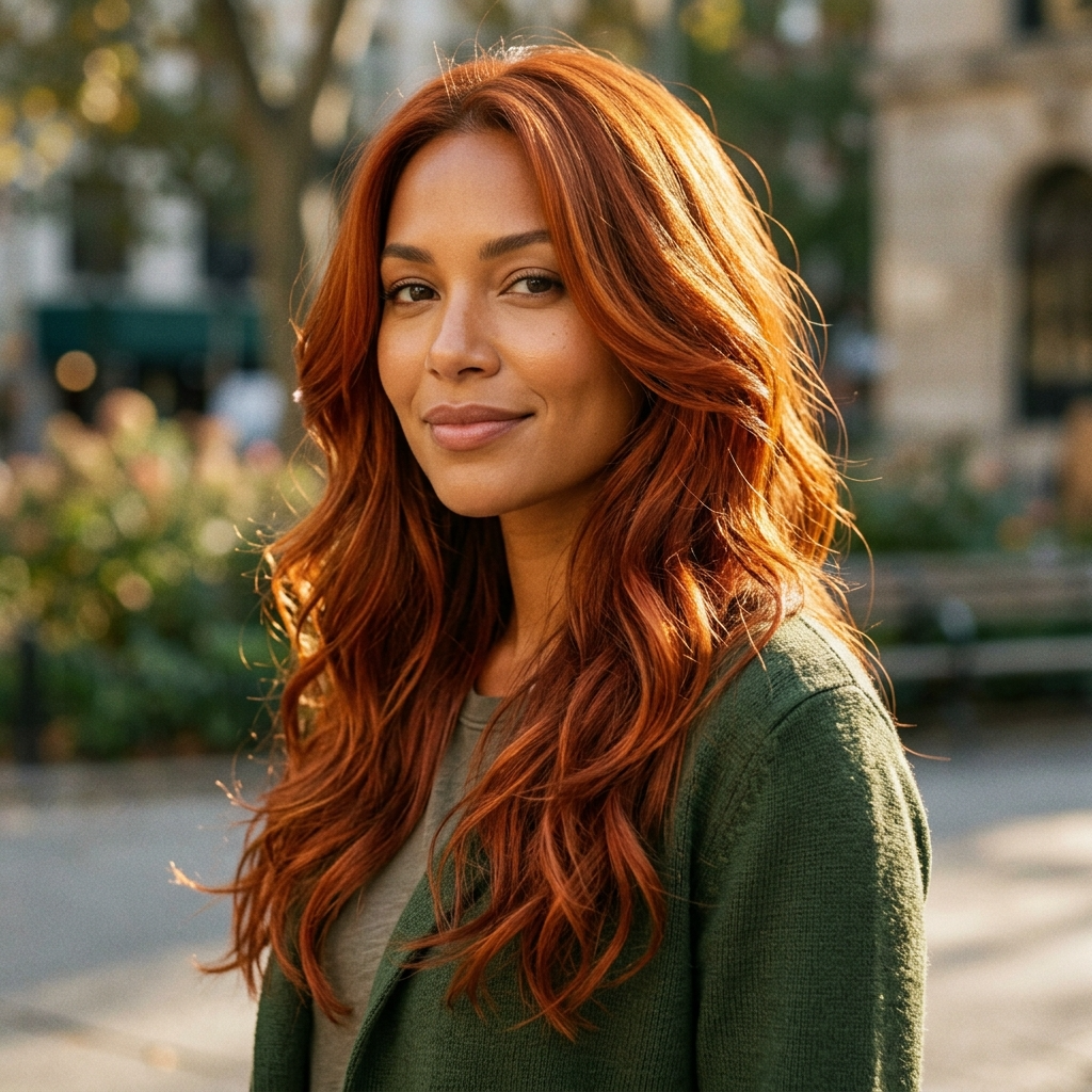 All-Over Copper Auburn on Long Layered Waves