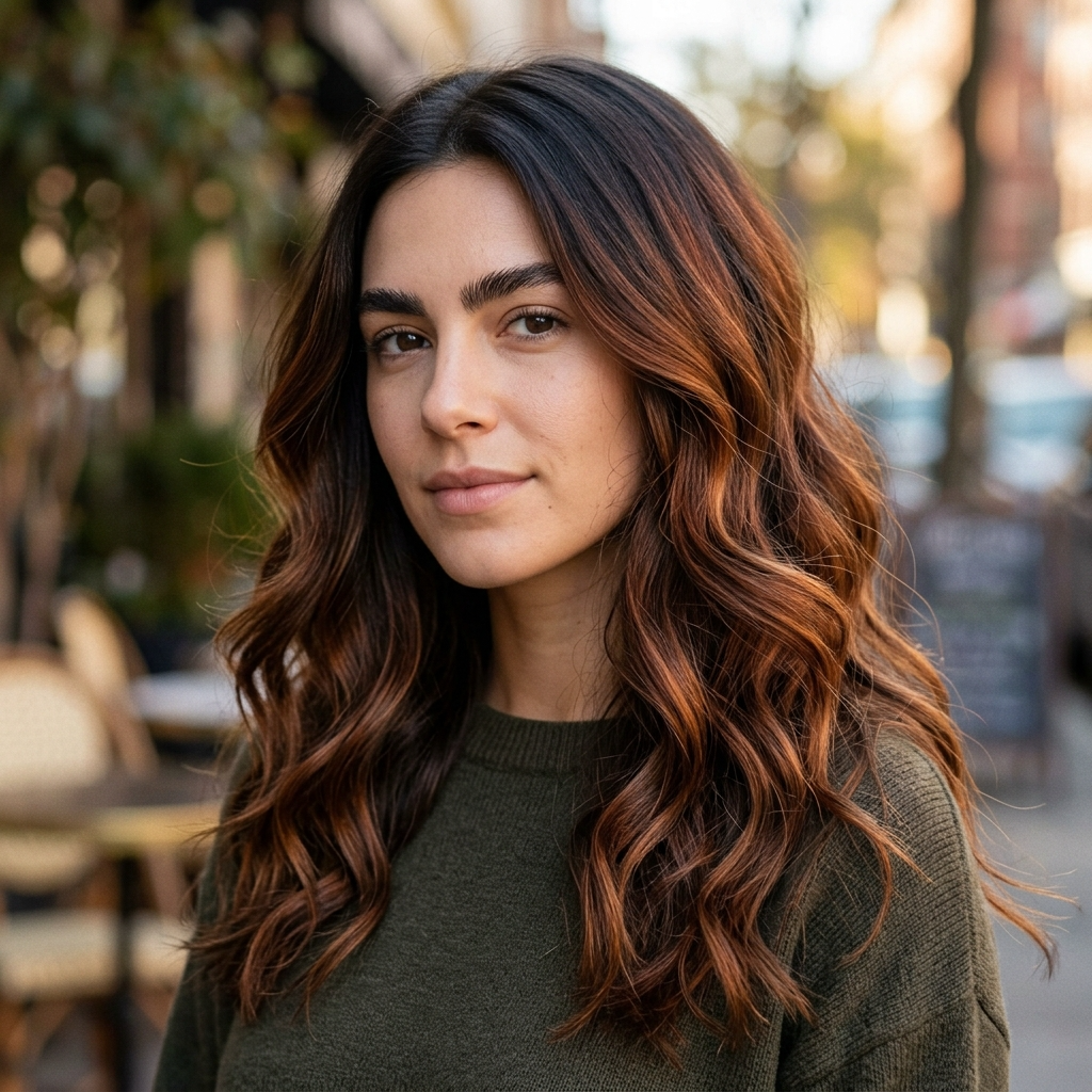 Auburn Balayage on Brunette With Natural Espresso Brows