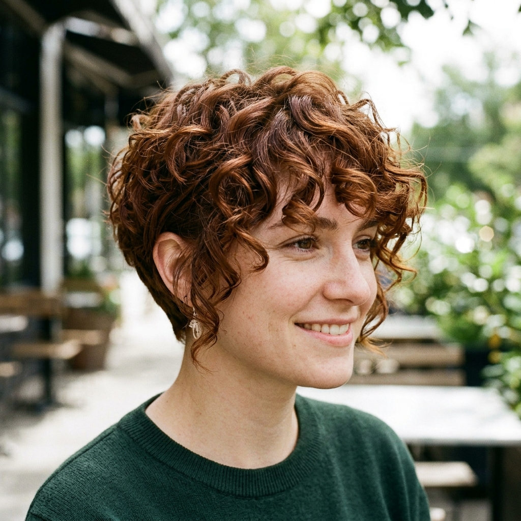 Auburn Curly Pixie with Long Bangs
