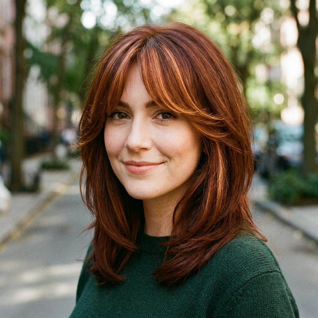 Auburn Curtain Bangs With Copper Bang Highlights
