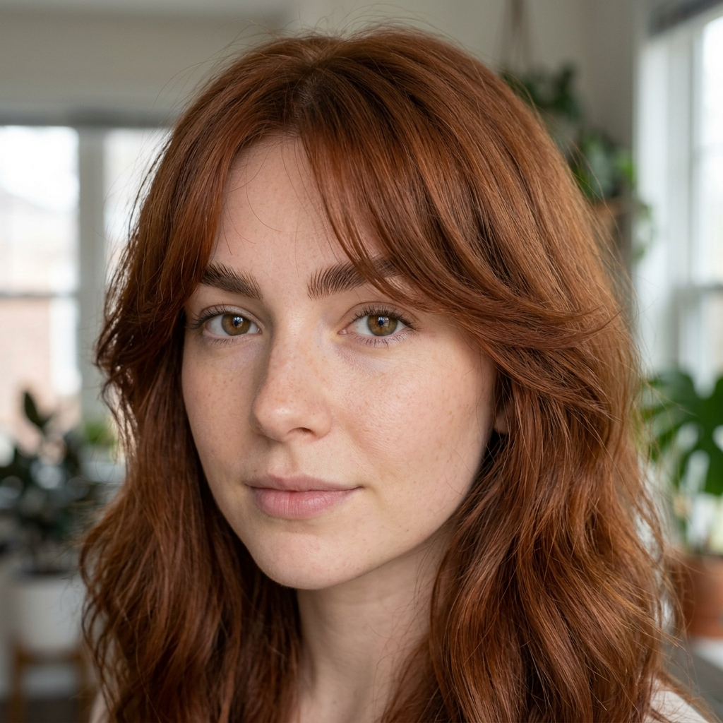 Auburn Curtain Bangs With Soft Feathered Brows