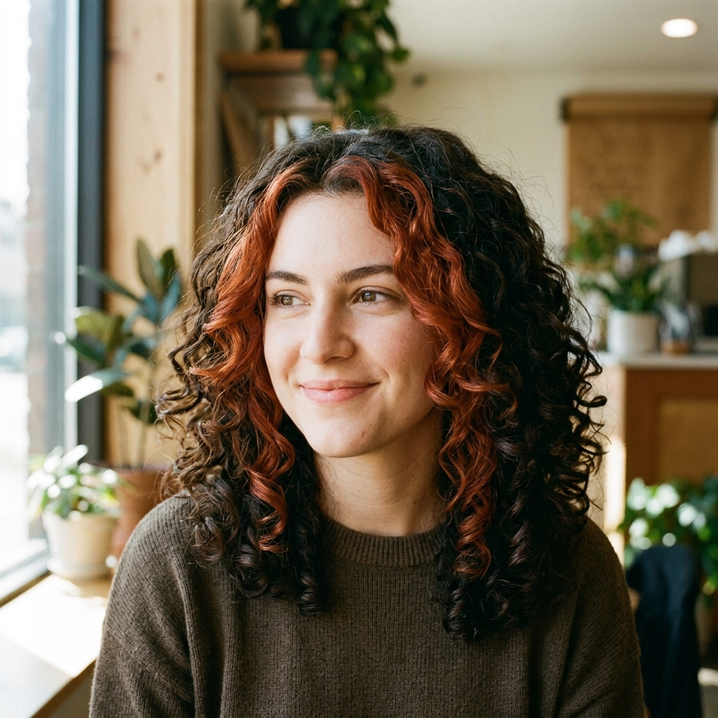Auburn Face-Framing Pieces on Brown Curls