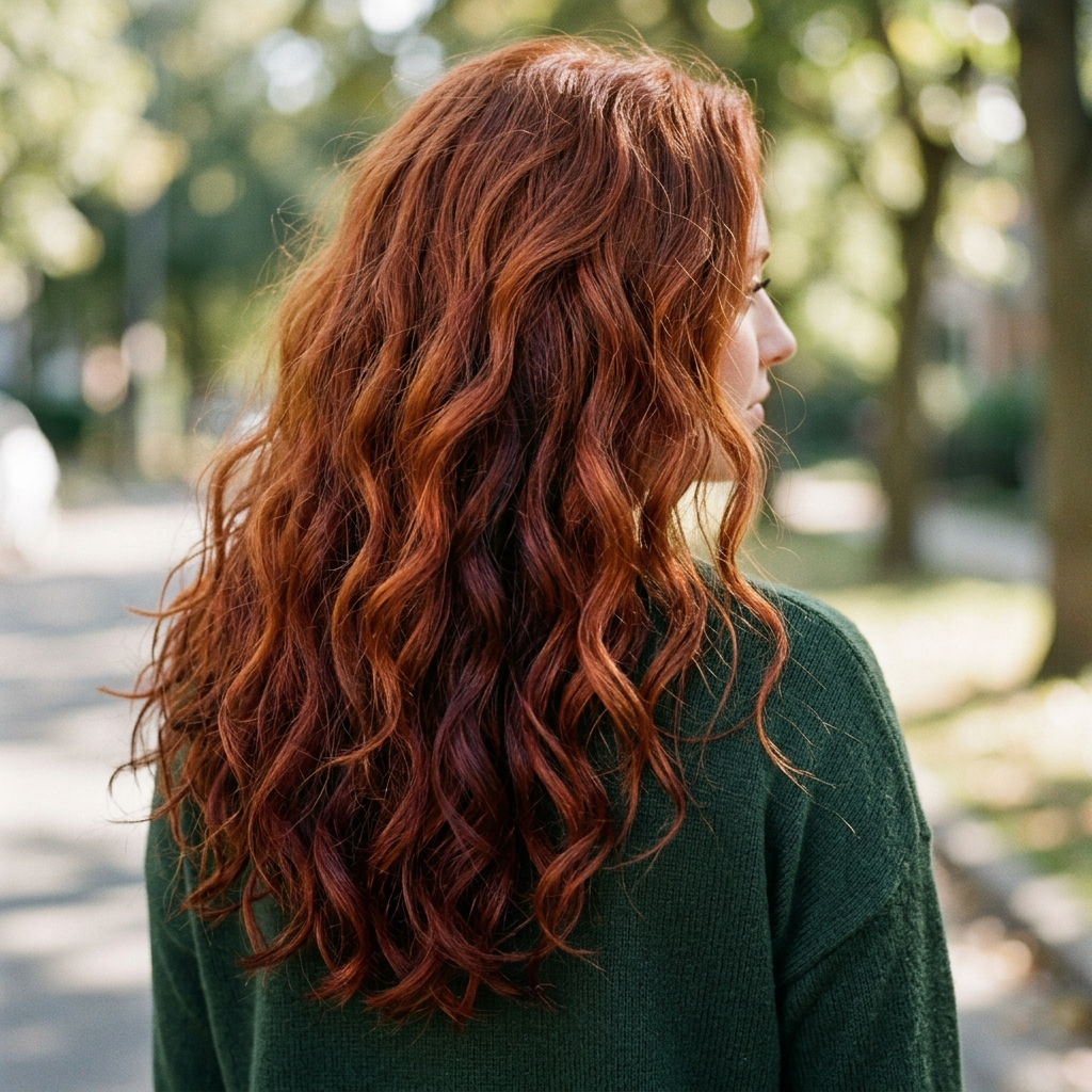 Auburn Lowlights on Thick, Wavy Red Hair