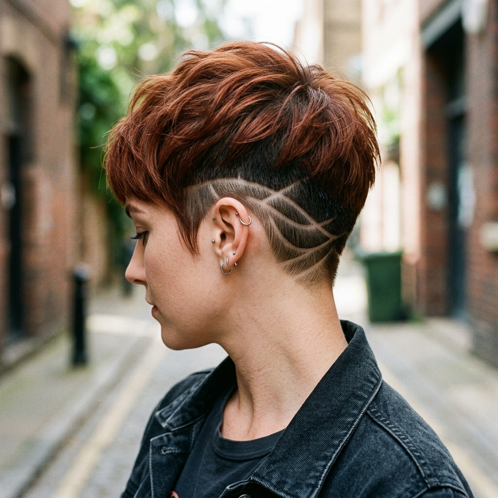 Auburn Pixie with a Shaved Hair Design