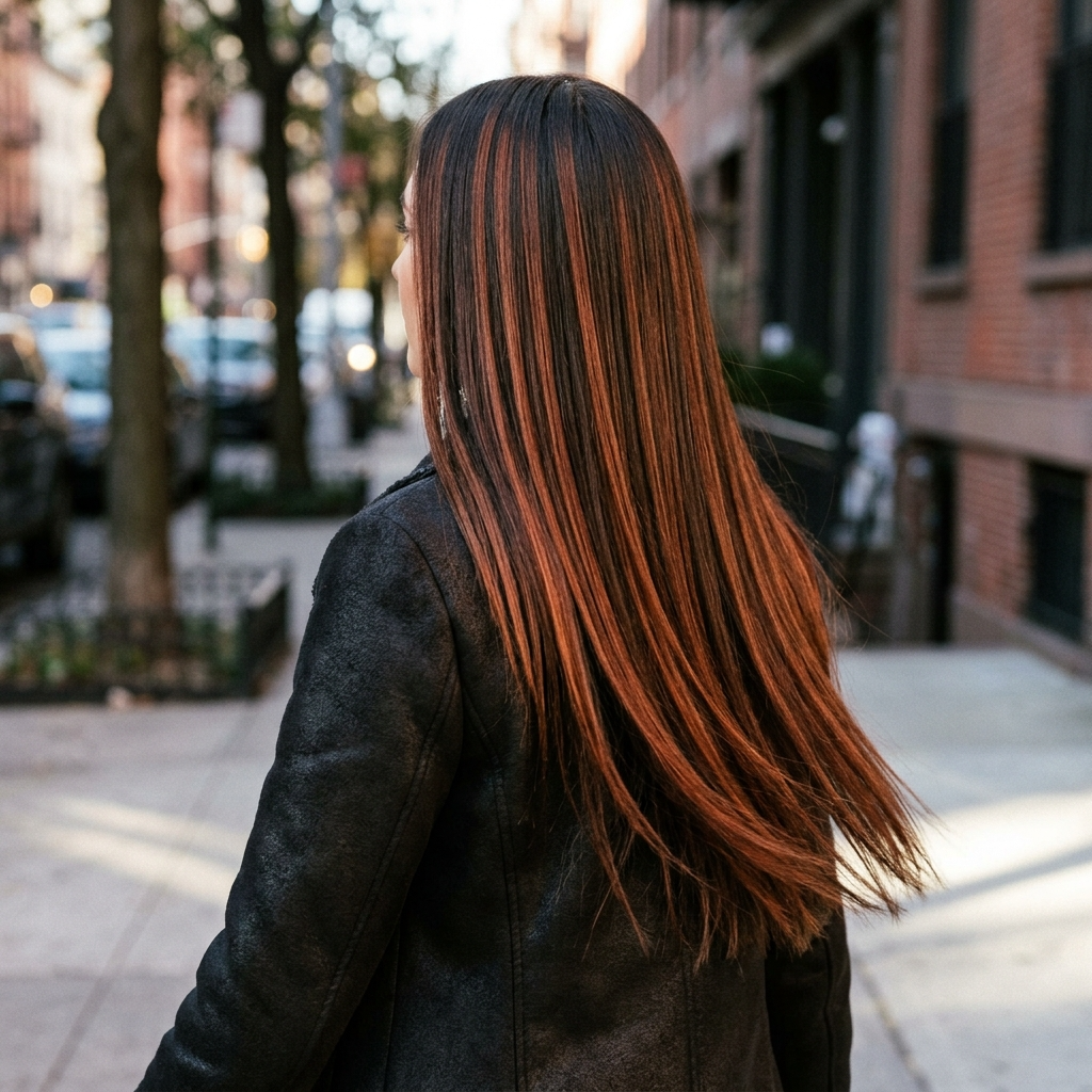 Auburn Ribbon Highlights on Long Straight Hair
