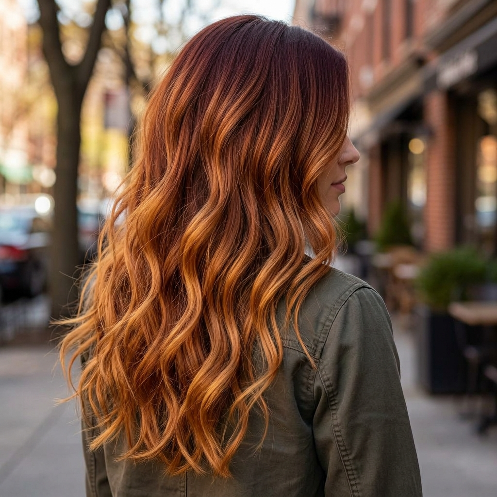 Auburn Root Smudge With Golden Copper Balayage