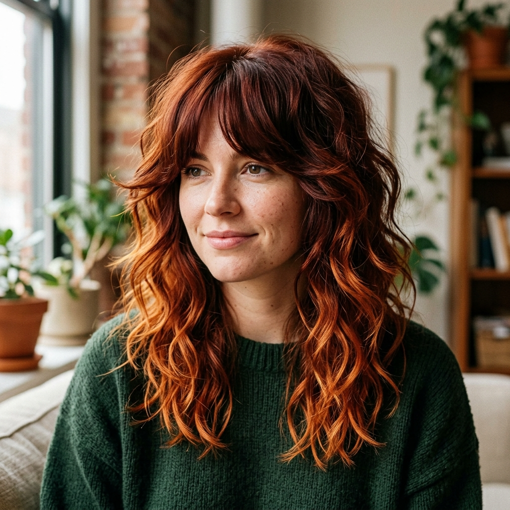 Auburn Shag With Copper Ends on Wavy Hair